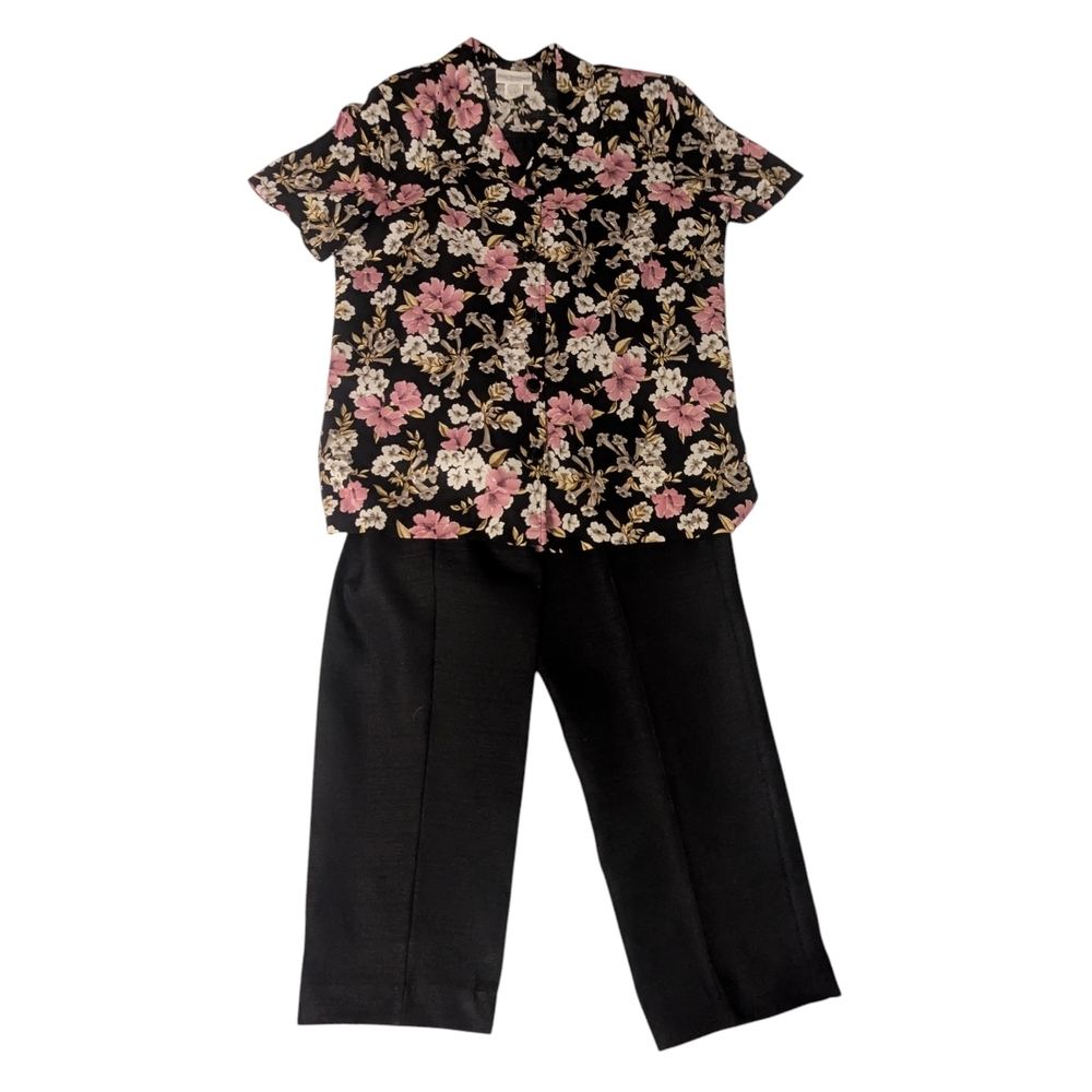 VTG Blair Boutique 2 P Pink Black Floral Blouse & Black Pull-On Pant Women's M